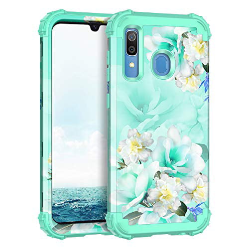 Casetego Compatible with Galaxy A20/A30/A50 Case,Floral Three Layer Heavy Duty Sturdy Shockproof Full Body Protective Cover Case for Samsung Galaxy A20/A30/A50,Blue Flower. 